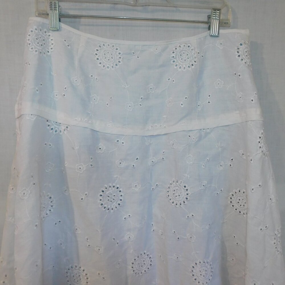 Anne Carson White Linen Eyelet Lined Midi A line Skirt Womens 12 - Picture 2 of 10